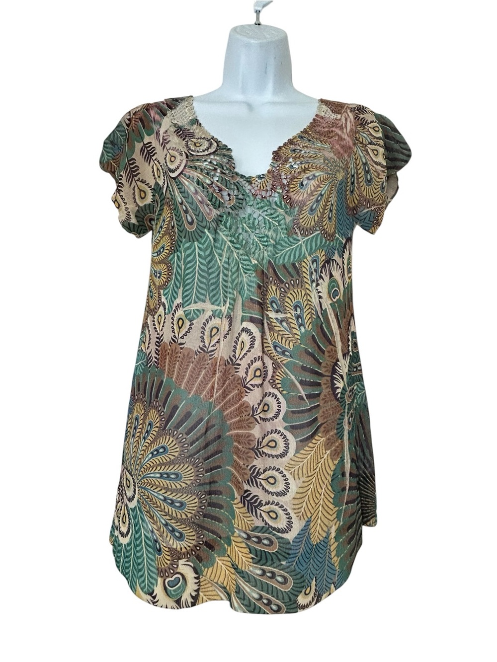 Mushka Sienna Rose Fairy Grunge Boho Tunic Top Earthy Green Multicolor Small